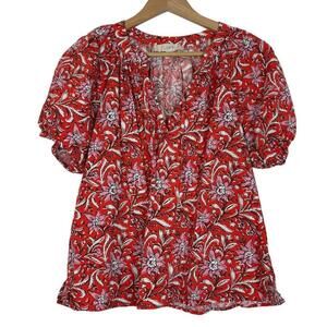 LOFT Size: XS Red Floral Spring Bloom Tie Neck Puff Sleeve Tunic Top